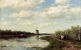 Willem Roelofs Figures On A Country Road Along A Waterway, A Windmill In The Distance painting
